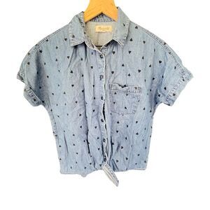 Madewell Short Sleeve Heart Detailed Tie Front Jean Top Shirt Size XXS